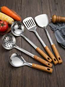 5pcs-Kitchen Utensils Set Professional Slotted Spoon, Soup Ladle, Turner, Spatula & Rice Scoop ETC. Suitable For Cast Iron Wok Cooking, Sauteing & Frying Vegetables And Meat,Christmas Festival Cooking Helpers - Màu gỗ - Xem 3
