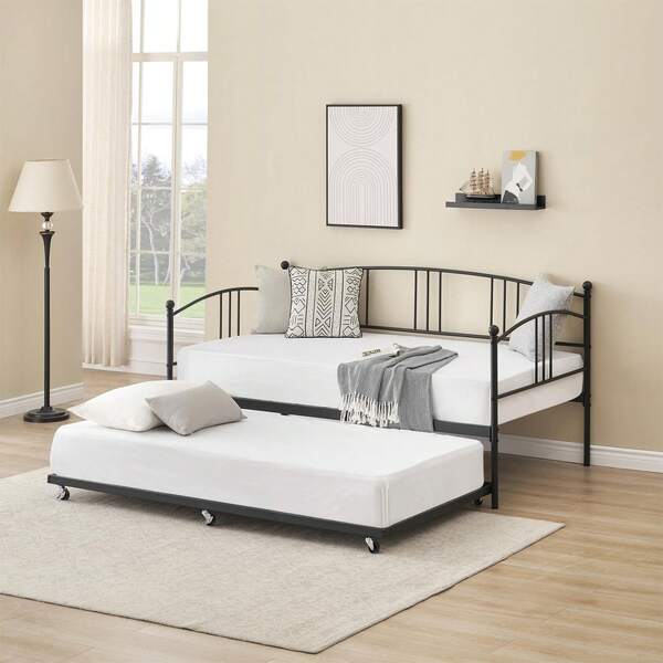 Daybed With Trundle, Sturdy Metal Day Bed With Steel Slat Support, Trundle Bed Twin With Arched Headboard, SofaBed For Living Room, Bedroom And Guest Room