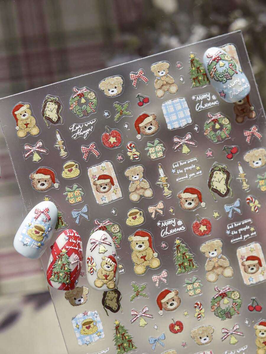 1pc 5D Christmas Gold White Line French Style Nail Art Stickers High Quality 5D Embossed Crystal Diamond Nail Sticker Art Decal Design Gem Press On Nail Wraps Decals Manicure Decoration Accessories - Multicolor - View 1