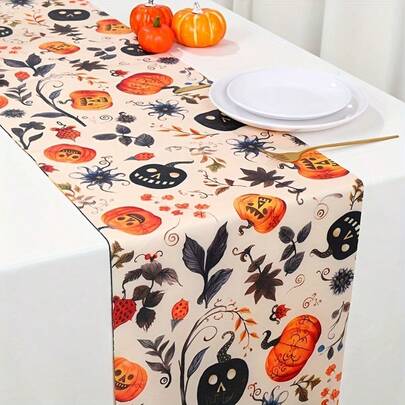 1 pieza Camino de mesa de Halloween, mantel con diseño de hojas de calabaza, cubierta de mesa de 183*33cm, decoraciones de Halloween, decoración de mesa de cena de fiesta de Halloween, decoración de truco o para Halloween, decoración de Halloween feliz, decoración del hogar, decoración interior y exterior, decoración de Halloween, suministros de cocina, decoración de mesa, decoración de mesa
