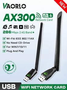 KZ WIFI 6 USB Adapter AX300 Network Card USB Dongle 2.4GHz 286Mbps Wireless Receiver With Antenna, Compatible With Win7/10/11, Plug And Play - Black - View 1