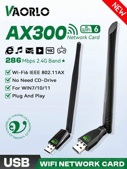 WIFI 6 USB 어댑터 AX300 네트워크 카드 USB 동글 2.4GHz 286Mbps 무선 동글 수신기 안테나 포함 Win7/10/11 드라이브 프리