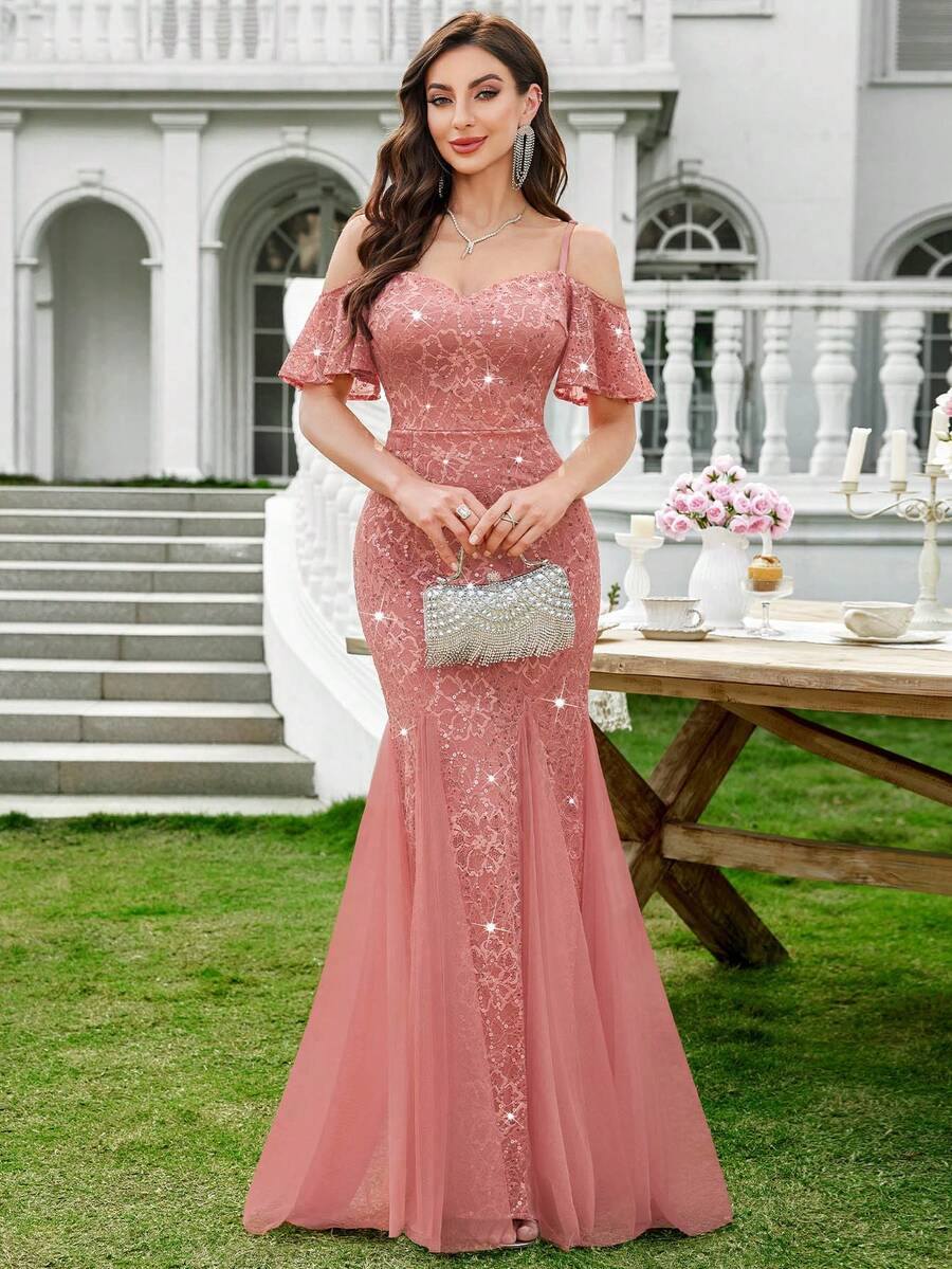 MIUSOL 亮片花卉蕾丝露肩荷叶袖撞色网纱鱼尾晚宴派对长裙，优雅女士派对礼服，正式晚礼服，舞会礼服，适合婚礼宾客、毕业典礼、晚宴、情人节等场合。