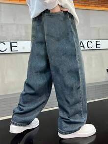 Older Teen Boy/Teens Boys' Relaxed Fit Straight Leg Washed Denim Jeans, Casual High Street Style, Spring/Autumn