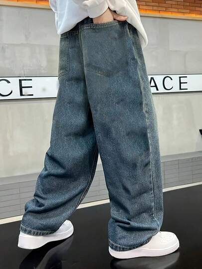大童/青少年男孩宽松直筒洗水牛仔裤，休闲高街风格，春秋季