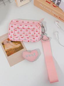 1 件装可爱樱桃印花零钱包迷你豹纹腕带零钱包少女草莓印花口红收纳袋便携旅行身份证收纳袋多层银行卡收纳袋运动腕带包小型耳机收纳袋可爱格纹钥匙包带拉链可拆卸肩带尼龙腕包婚礼伴娘礼物妈妈礼物女孩生日礼物适合旅行和日常使用
