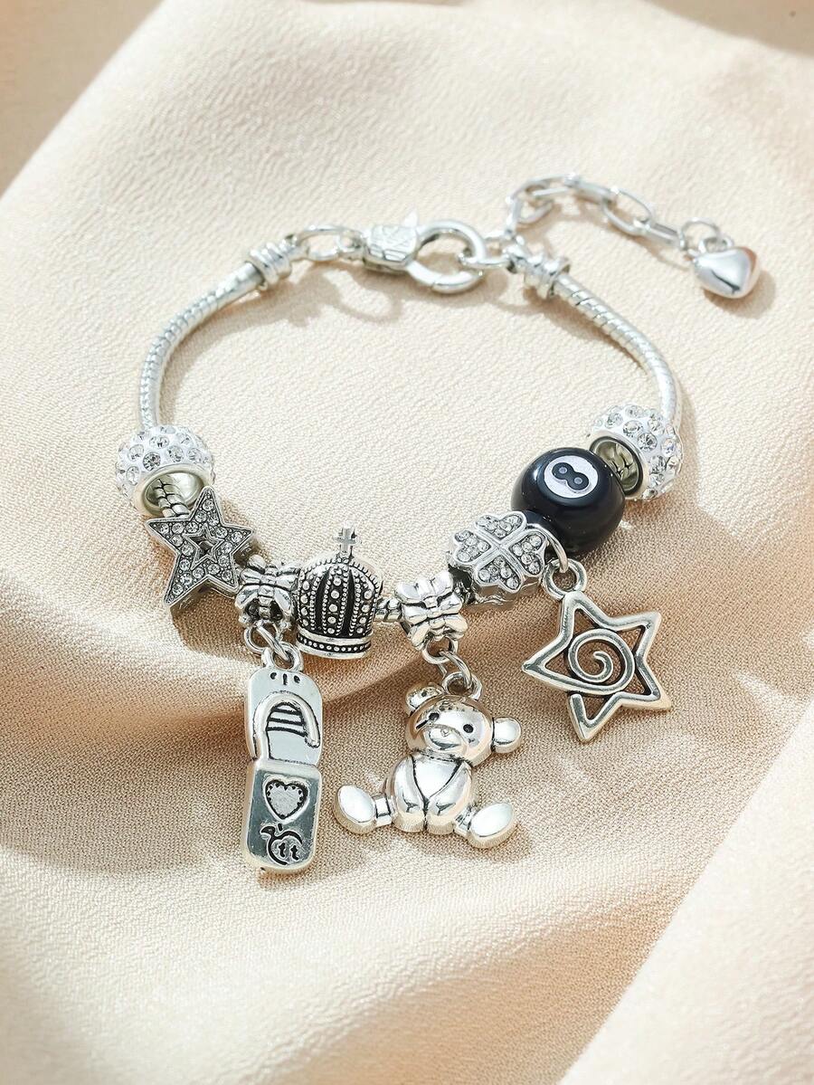 1件银色可爱吊坠手链，女士泰迪熊皇冠星星8毫米球珠饰品礼品 - 泰迪熊星星 - 查看 1