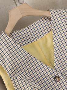 Áo khoác vest nữ vải dệt kẻ caro, túi cài nút phía trước, thường ngày, mùa xuân/thu - Màu vàng - Xem 2