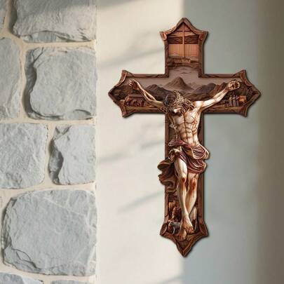 1/2个3D耶稣十字架木质吊坠，宗教主题，适合家居房间墙面装饰、节日礼物、圣诞装饰