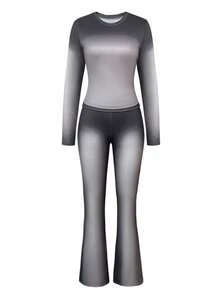 Blazique Conjunto de 2 piezas de camiseta de manga larga con cuello redondo y degradado y pantalones acampanados con degradado para mujer, ropa de otoño