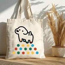 Cute Puppy And Colorful Polka Dot Tote Bag - A Lightweight, High-Quality White Shopping Bag Perfect For Women'S Weekends, Beach Outings, And Casual Trips, Featuring An Adorable Design And Durable Handles. - 1pc - View 3