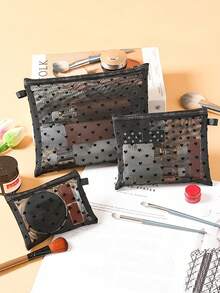 1pc/3pcs Love Printed Cosmetic Bag Flocked Storage Bag, Touch Up Card Bag Carry-On Cosmetic Bag Large Capacity Cosmetic Bag Portable Cosmetic Storage Bag, And Coin Purse Toiletry Bag Travel Handy Storage Bag For Women Small Bag Mesh Cosmetic Bag Storage Hollow Toiletry Bag, Toiletries Bag Heart Printed Transparent Mesh Cosmetic Bag Travel Toiletries Makeup Bag School Supplies Travel Essentials Make Up Bag Holiday Essentials Makeup Bags Makeup Pouch Makeup Organizer Holiday Winter Make Up Organizer Makeup Storage Back To School Supplies - Black - View 10