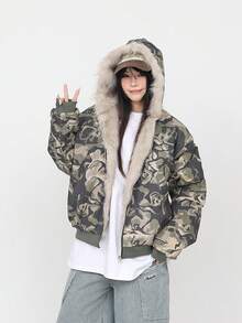 This  Casual, Washed Camouflage Down Jacket Features A Hood, Thick Padding, And A Versatile Design. It's A Versatile Nylon Down Jacket With A Loose Fit And Slim Fit. It's A Versatile, Cut-And-Sew Casual Jacket With A Zipper And Contrasting Faux Fur Accents, Perfect For School Or The Office. - Army Green - View 6