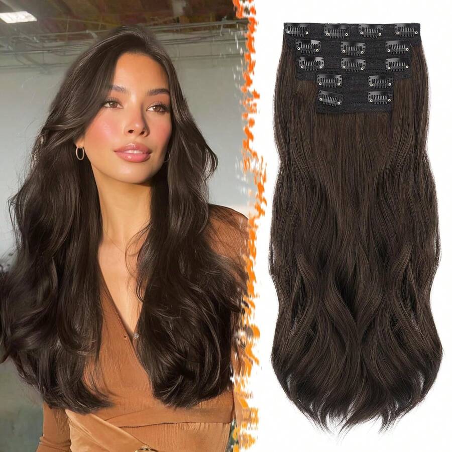 FESHFEN Clip-In Extensions, 50 Cm Wavy Clip-In Hair Extensions Blonde For Women, 5 Pieces, Natural Hair Extensions, Synthetic Hairpiece, Hair Extensions - Dark Brown - View 1