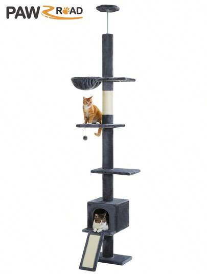 PAWZ Road Cactus Cat Tree, Floor To Ceiling Adjustable, Height Adjustable From 216cm To 273cm, Cat Tower With Spacious Activity Room With Hammock And Cat Cave, Anti-Fall Harness