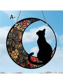 花月黑猫窗户挂饰双面亚克力捕光器壁挂装饰品适用于家庭室内室外花园装饰，送给猫迷的乔迁礼物