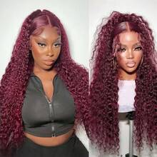 NARNI 36 Inch 360 99j Burgundy Lace Front Wig Human Hair 250% Density Hidden Straps Deep Wave Wig With Drawstring 360 Full Lace Wig For Women Glueless Human Hair Lace Wig 13x4 HD Pre Plucked With Baby Hair Wet And Wavy Curly Human Hair Wig - S99J - View 3