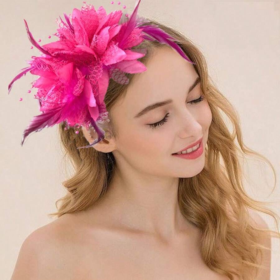 Fascinators For Weddings, Fascinator Pink, Elegant Vintage Mesh And Fabric Feather Fascinator Hat For Women, Party Ball Top Hat Jockey Club Headband Accessories Hairband Hair Hoop, Hair Band,