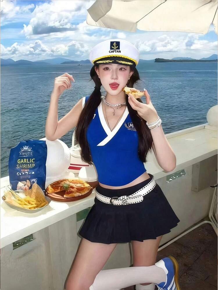 1 件/2 件男女通用刺绣白色锚形翻边水手帽，航海度假必备，复古别致风格，街头时尚亮点 - 款式B - 查看 6