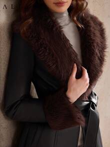 Aliao 束腰仿毛领皮革拼接保暖外套，冬季大衣，女士冬季服装，优雅连衣裙，婚礼季必备，适合正式晚宴、家庭聚会、返乡等场合，宫廷风黑色 - 黑色 - 查看 2