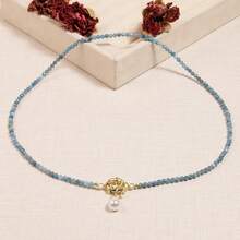 1 pieza Collar con colgante de estilo bohemio de piedra natural, apatita azul facetada de 3 mm, perla asimétrica falsa, hecho de materiales naturales, adecuado para el estilo de vacaciones y el uso casual diario, y como regalo para reuniones con amigos