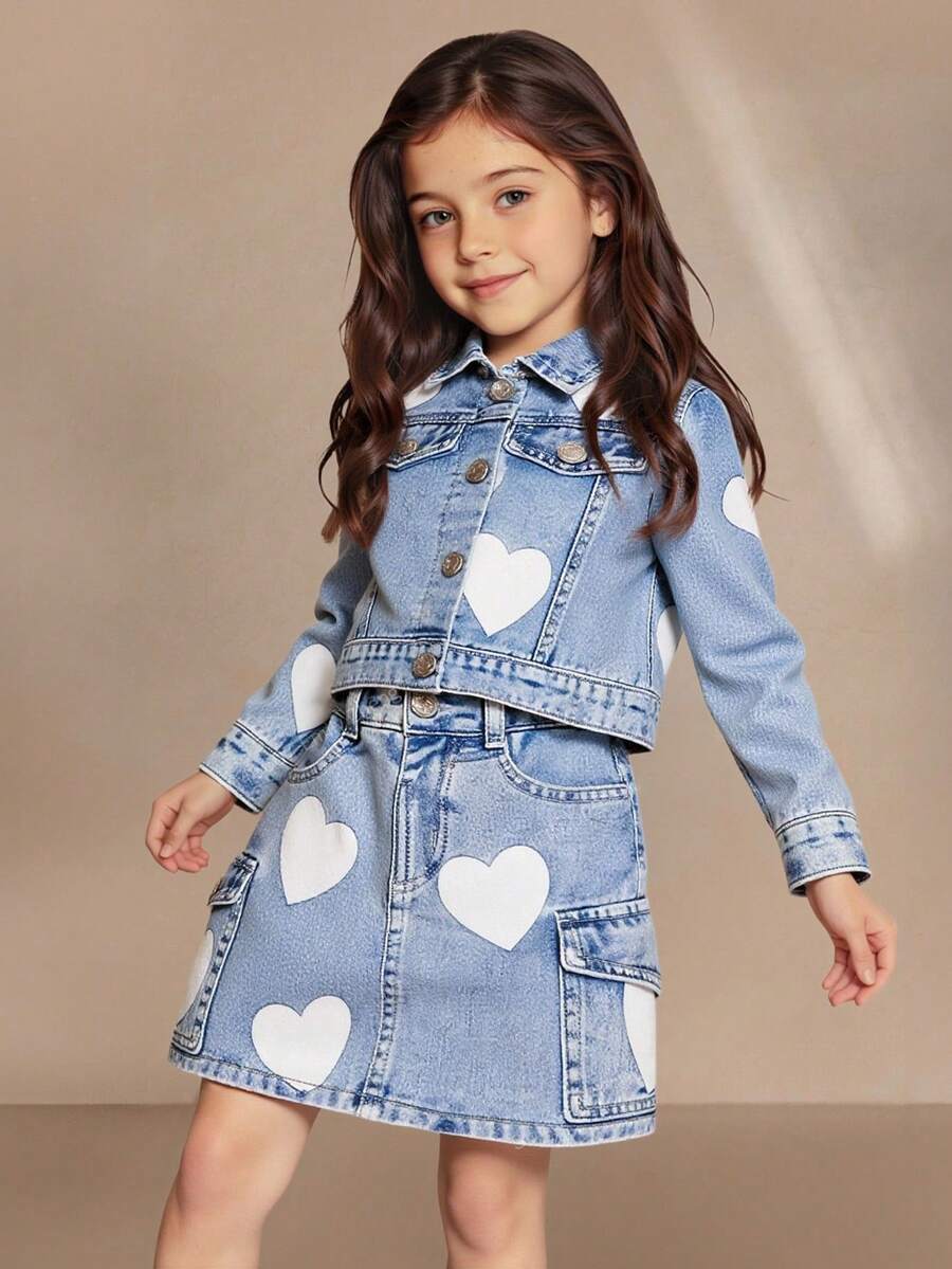 SHEIN 年轻女孩 Y2K 都市街头可爱心形印花牛仔夹克和全松紧腰工装裙，配有扁平口袋，两件套服装，学校，校园，大学 - 淺色水洗藍 - 查看 1