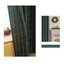 1pc Perforated Christmas Retro American Style Blackout Curtain, Green Plaid Pattern, Suitable For Living Room And Bedroom, New Year