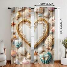 2pcs Heart & Beach Themed 2D Digital Printing Curtains, Washable, Suitable For Bedroom, Living Room, Study And Other Rooms (Rods Not Included) (Not Multi-Layer Curtains) - Multicolor - View 5
