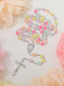1pc Handmade Multicolor Beaded Cross Necklace, Rosary, Virgin Mary Medal And Jesus Cross Pendant