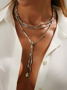 1pc Bohemian Geometric Square Beaded Teardrop Tassel Long Necklace, Luxurious Vacation Party Jewelry Gift For Women & Couples, Versatile Wear (Multiple Wearing Styles)