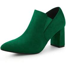 Pointy Toe Slip On Chunky Heels Chelsea Ankle Booties For Women - Dark Green - View 2