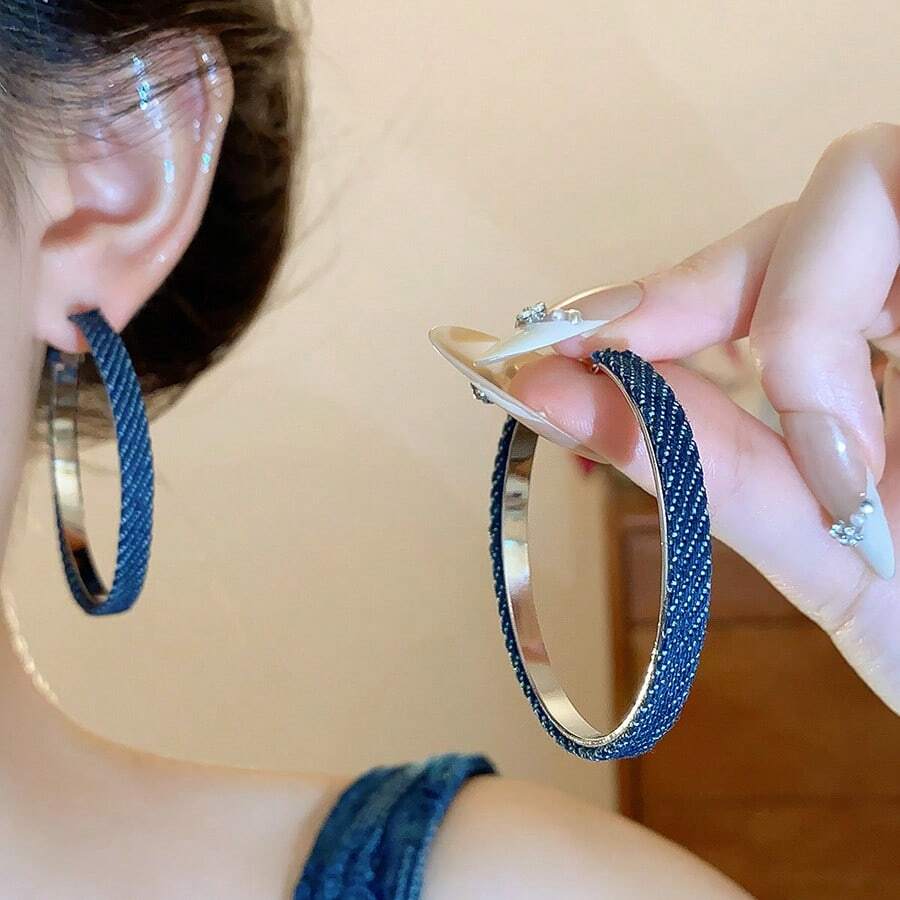 2PC Fashion  Denim Round Earrings, Fashion  Simple Earrings, Light Luxury, High-End Sense Of Versatility, Women's Party Banquets, Daily Versatility - 藏蓝色 - 查看 1