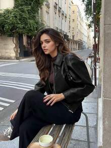 Áo khoác da ngắn màu đen cổ ve áo phong cách retro Mỹ Manneqi dành cho nữ, thích hợp mặc mùa xuân. - màu đen - Xem 4