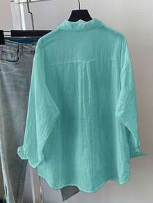 Plus Size Autumn Woven Shirt Collar Shirt, Dropped Shoulder Sleeve And Pocket, Casual Regular Length Top