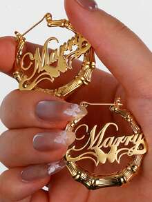 50mm Customized Name Bamboo Hoop Earrings, Personalized Jewelry Name Earrings, Heart-Shaped Birthday Gift For Women - Gold-round Bamboo-edwardian Script ITC - View 2