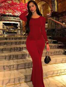 Women's Fashionable Elegant Ruched Crew Neck Long Sleeve Bodycon Dress - Red - View 3