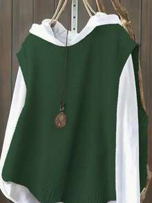 Plus Size Casual Solid Color Crew Neck Knit Sweater Vest - Green - View 3