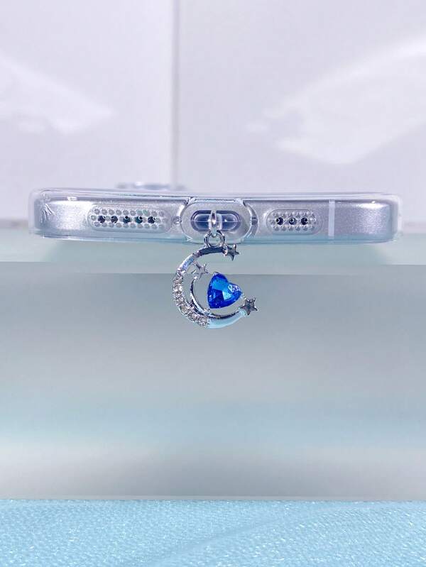 1 pieza Enchufe antipolvo con decoración de corazón de cristal azul, luna y estrella, compatible con puerto de carga tipo C, puerto de datos y puerto de carga de , tapón antipolvo simulación de fruta compatible con Mi, Oppo, Vivo, , iPhone5-16 Auricular