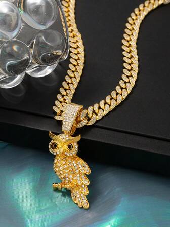 1pc European & American Hip-Hop Style Rhinestone Inlaid Necklace, Fashionable Men's Metal Everyday Wear Metal Necklace, Owl Pendant