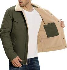 Mens Winter Thick Thermal Cotton Warm Fleece Lined Sherpa Trucker Lapel Work Cargo Jackets Coat OuterwearChristmas 8453 - 軍綠色 - 查看 7