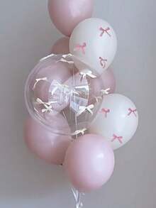 57/112pcs Pink And White Bow Balloon Set, With Transparent Bobo Balloon, With Pink And White Ribbon And Glue, Essential Decoration Props For Holiday Parties, Suitable For Birthday Parties, Anniversaries, Wedding Scene Decoration, Valentine's Day Gifts, Mother's Day Gifts Christmas Decorations Home Christmas Gifts Christmas Decor - 粉色 - 查看 3