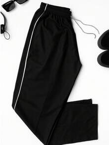 Essential Streetwear Pants, Straight Fit, Wide Leg, Lightweight Microfiber, With Adjustable Waist And Pockets - 黑色 - 查看 4