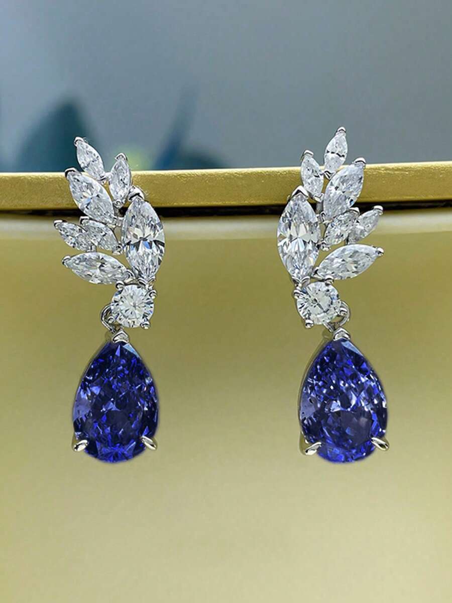 1 par de brincos elegantes de zircônia cúbica amarela para mulheres, para casamento, noivado, aniversário, festa, joia, presente de dia dos namorados - Azul - Ver 1