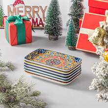vancasso 6 Pieces Plate Set, Multicolour Set, Polychrome, Porcelain Dinnerware, Rectangular Dish For 6 Person, Ceramic Stamping In Bohemian Style, 8.5in - Nhiều màu - Xem 10