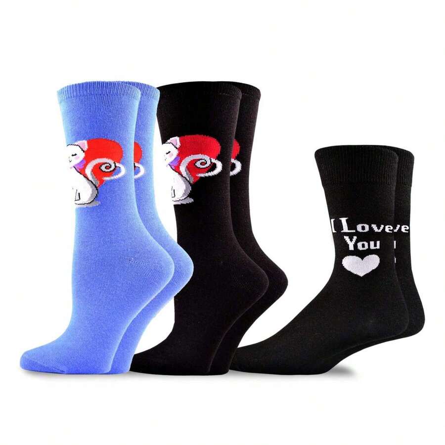 Valentine's Day Socks - TeeHee Cotton Crew Socks 3 Pair Pack 2 Women + 1 Men - Black - Couple Gift, Comfortable Crew Socks For Women 9-11 & Men 10-13 - 如圖711 - 查看 1
