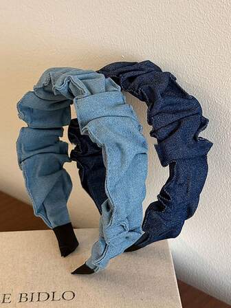 1pc Wide Denim Pleated Headband, Minimalist Elegant Versatile High Crown Narrow Face Hair Accessory ,Hair Hair Hoop