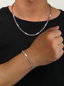 2pcs Stainless Steel Chain Bracelet & Necklace Set, Versatile All-Match Style Jewelry Accessories, Hip Hop Design - Silver - View 1