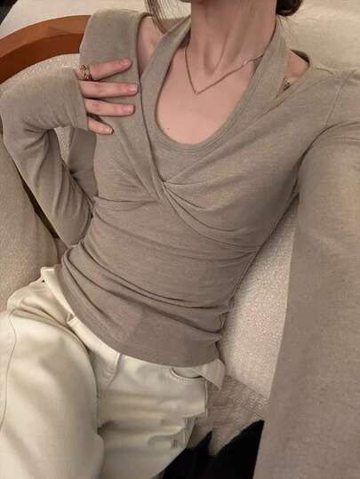Women's Solid Color Twist Hollow Neck T-Shirt, Warm Fitted Sexy Undershirt Top, Spring/Autumn