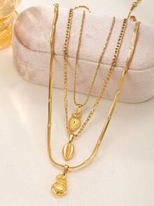 3 peças Colar Multicamadas de Estilo de Férias com Camadas de Pêra e Concha Banhado a Ouro 18K, Aço Inoxidável, Moda Choker