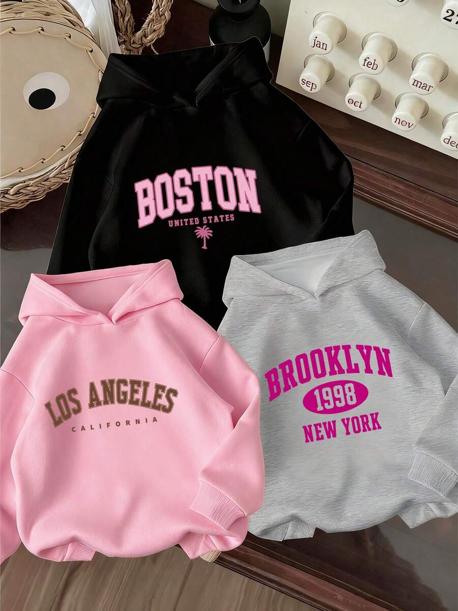 3pcs Tween Girl Graphic Print Sweatshirt Set, Warm & Comfortable Thermal Lined Sweatshirt Pullover For Autumn/Winter - Grey - View 1